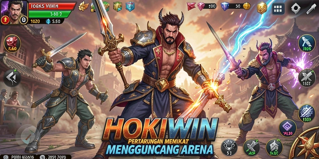 Screenshot HOKIWIN menampilkan pertarungan epik dengan karakter beraksi.