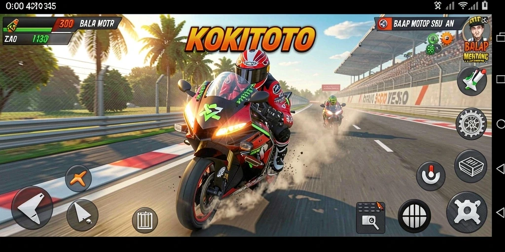 Tampilan gameplay KOKITOTO dengan balapan motor yang mendebarkan.