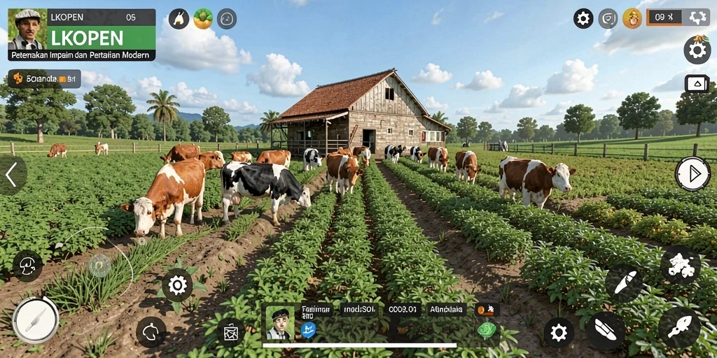 Tampilan menarik dalam gameplay LKOPEN saat bertani dan beternak.