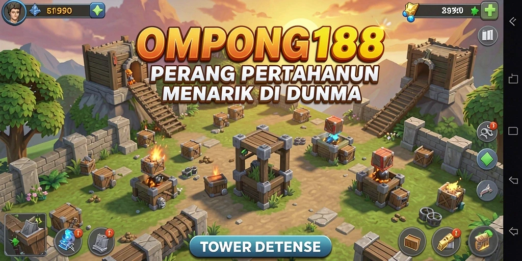 Tangkapan layar OMPONG188 menampilkan suasana epic pertempuran Tower Defense.