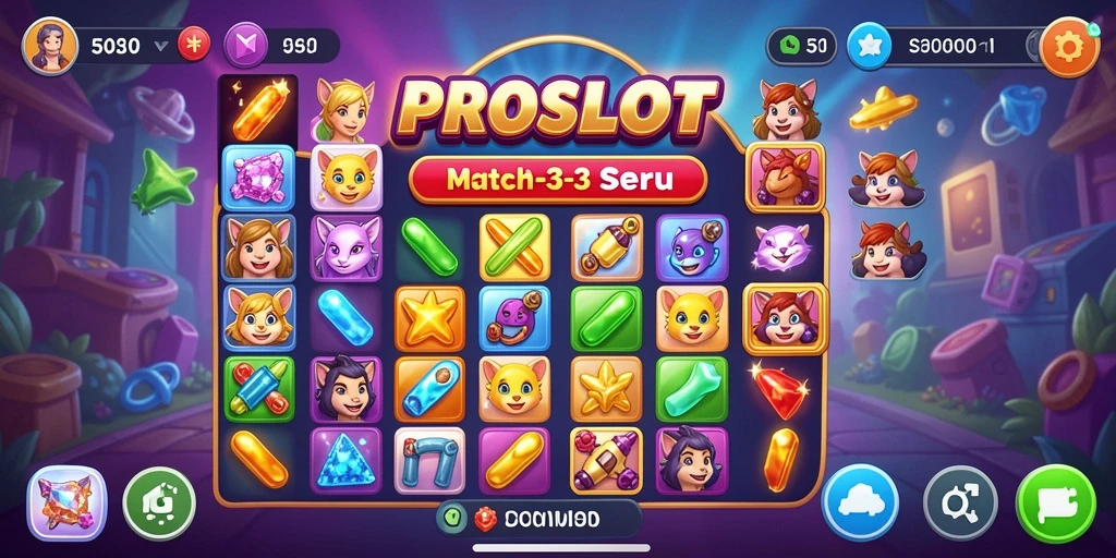 Tampilan menarik dari gameplay Match-3 PROSLOT yang penuh warna.