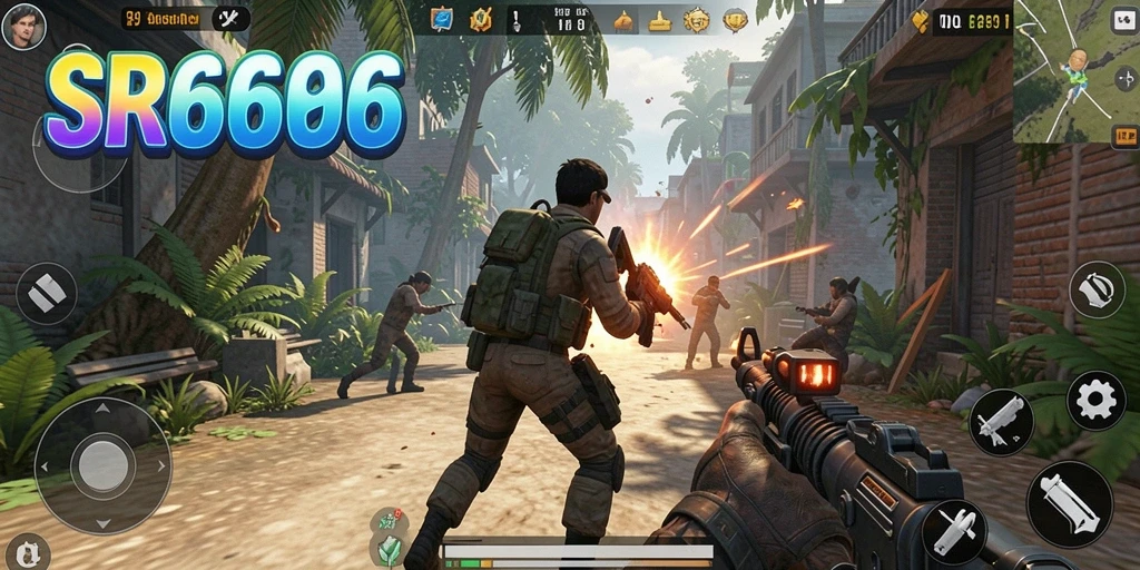 Screenshot gameplay SR6666 menampilkan aksi tembak-menembak yang intens.
