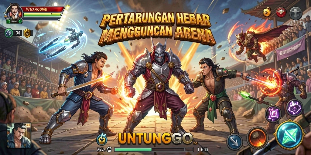 Tampilan aksi seru antara karakter dalam UNTUNGGO di arena Fighting.