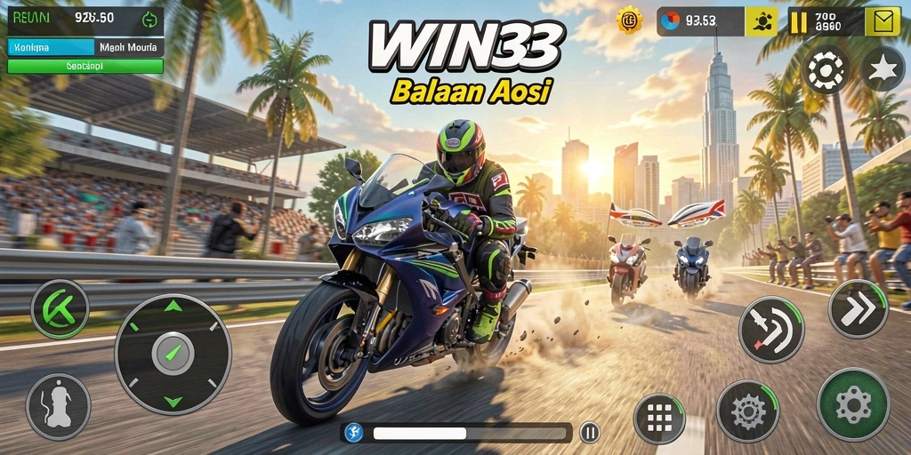 Screenshot gameplay <strong>WIN33</strong> menampilkan balapan motor yang mendebarkan.